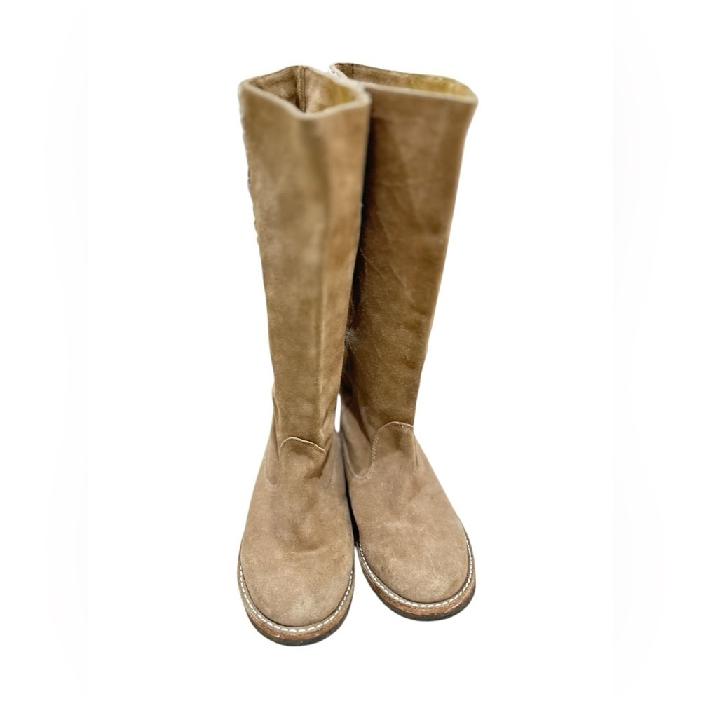 True Religion Tan Suede Knee-High Boots with White Logo - Picture 2 of 10